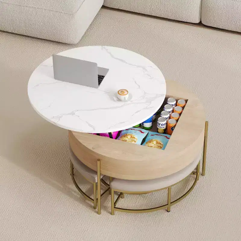 Round Lift-Top Coffee Table with Ottomans and Storage, Gold Center Table Set with Stools Underneath for Living Room