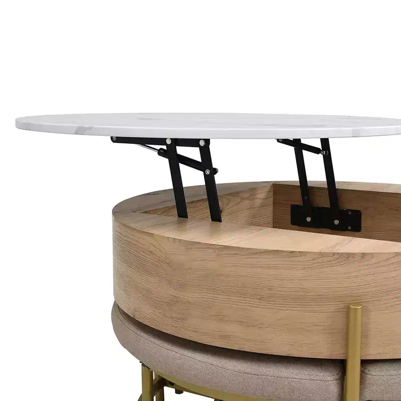 Table basse relevable ronde avec poufs et rangement, ensemble de tables basses dorées avec tabourets dissimulés pour le salon
