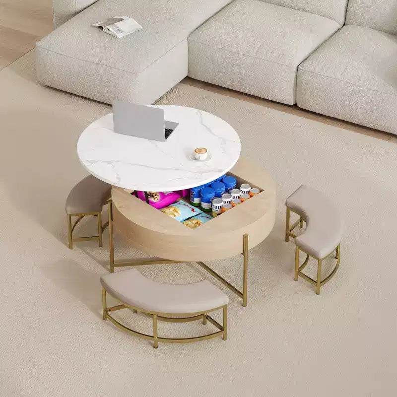 Round Lift-Top Coffee Table with Ottomans and Storage, Gold Center Table Set with Stools Underneath for Living Room
