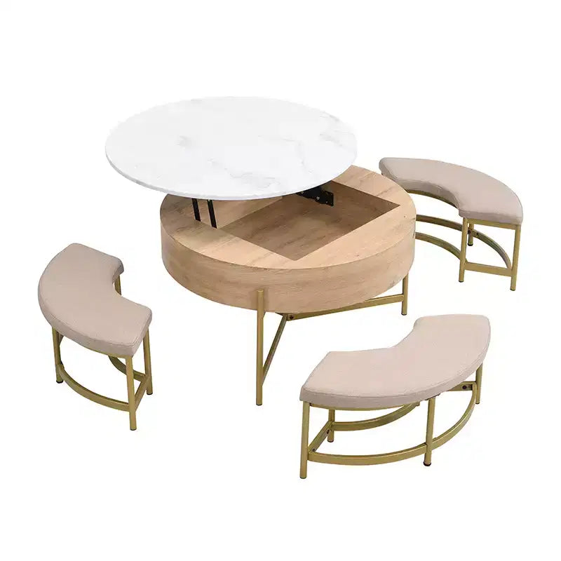 Round Lift-Top Coffee Table with Ottomans and Storage, Gold Center Table Set with Stools Underneath for Living Room