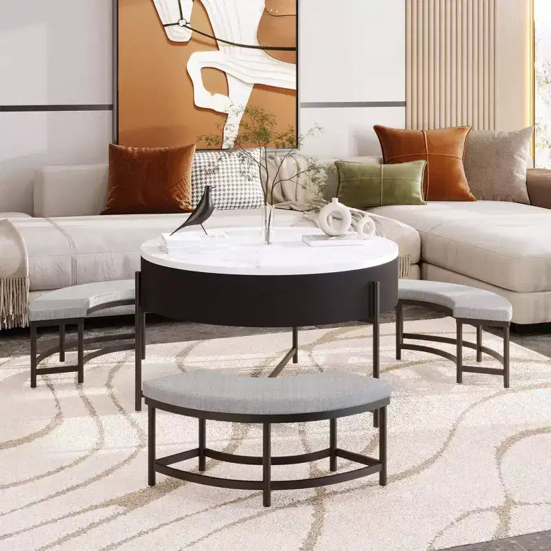 Table basse relevable ronde avec poufs et rangement, ensemble de tables basses dorées avec tabourets dissimulés pour le salon