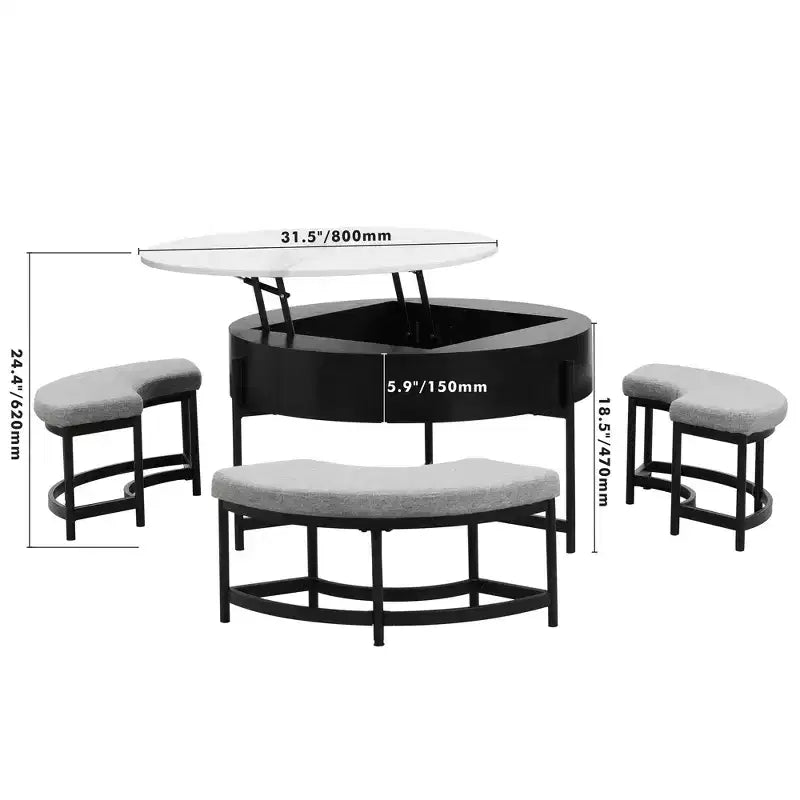 Table basse relevable ronde avec poufs et rangement, ensemble de tables basses dorées avec tabourets dissimulés pour le salon