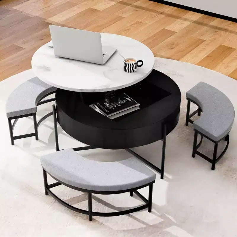 Table basse relevable ronde avec poufs et rangement, ensemble de tables basses dorées avec tabourets dissimulés pour le salon