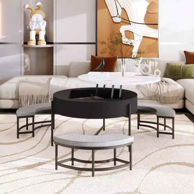Round Lift-Top Coffee Table with Ottomans and Storage, Gold Center Table Set with Stools Underneath for Living Room