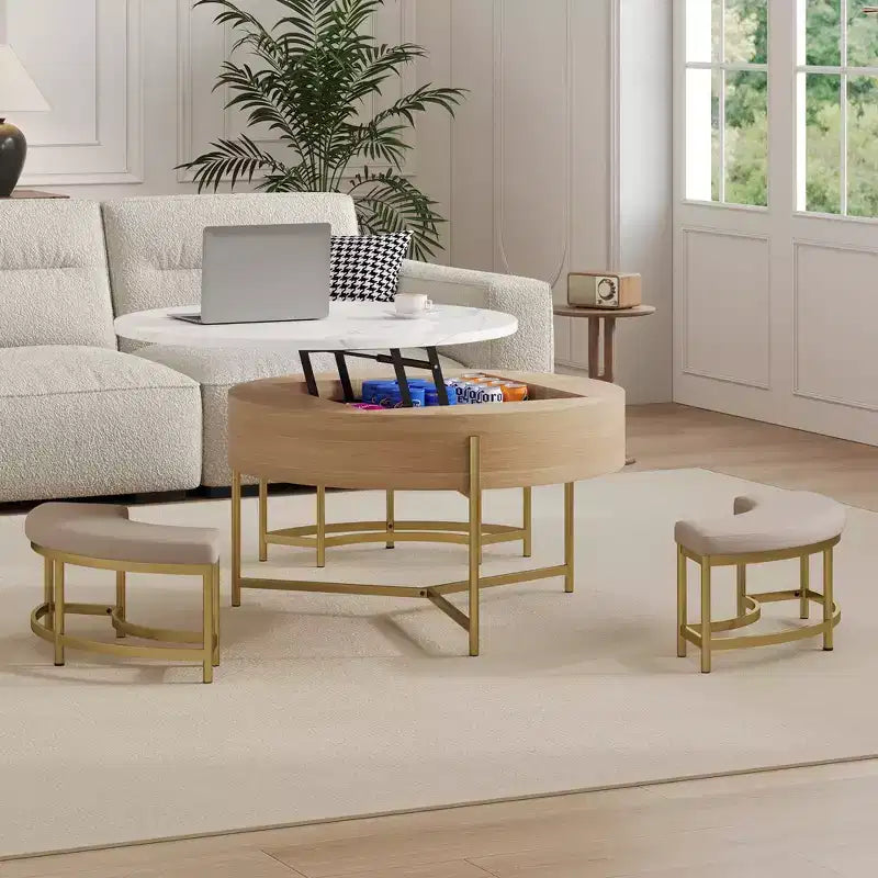 Round Lift-Top Coffee Table with Ottomans and Storage, Gold Center Table Set with Stools Underneath for Living Room