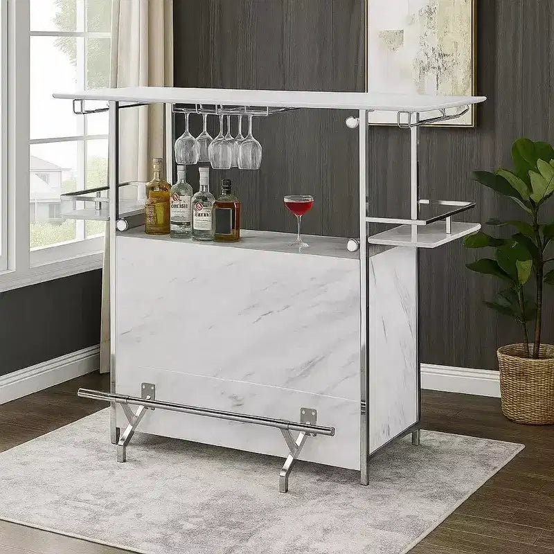 Royal Hampton Bar Table with Faux Marble and Chrome Finish, White and Silver