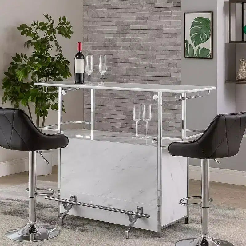 Table de bar avec plateau imitation marbre et finition chromée, blanc et argent