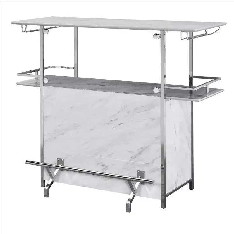 Table de bar avec plateau imitation marbre et finition chromée, blanc et argent