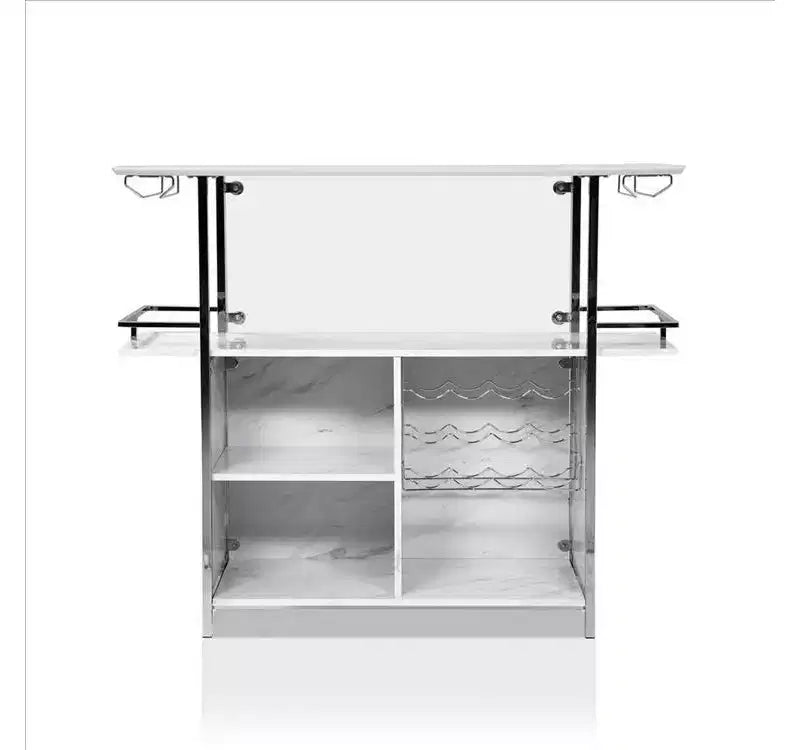 Bar Table with Faux Marble and Chrome Finish, White and Silver