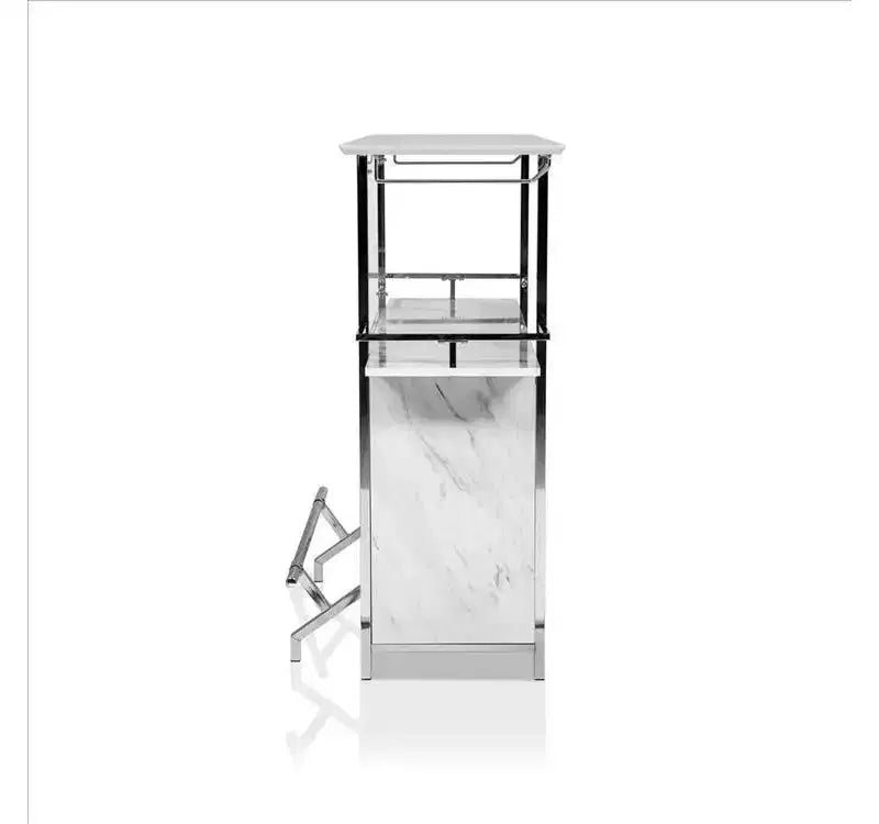 Bar Table with Faux Marble and Chrome Finish, White and Silver