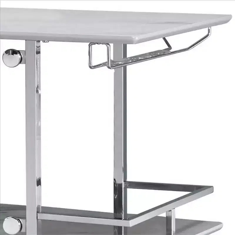 Table de bar avec plateau imitation marbre et finition chromée, blanc et argent