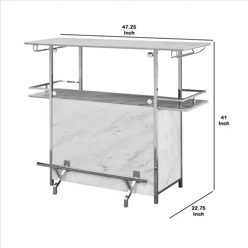 Table de bar avec plateau imitation marbre et finition chromée, blanc et argent