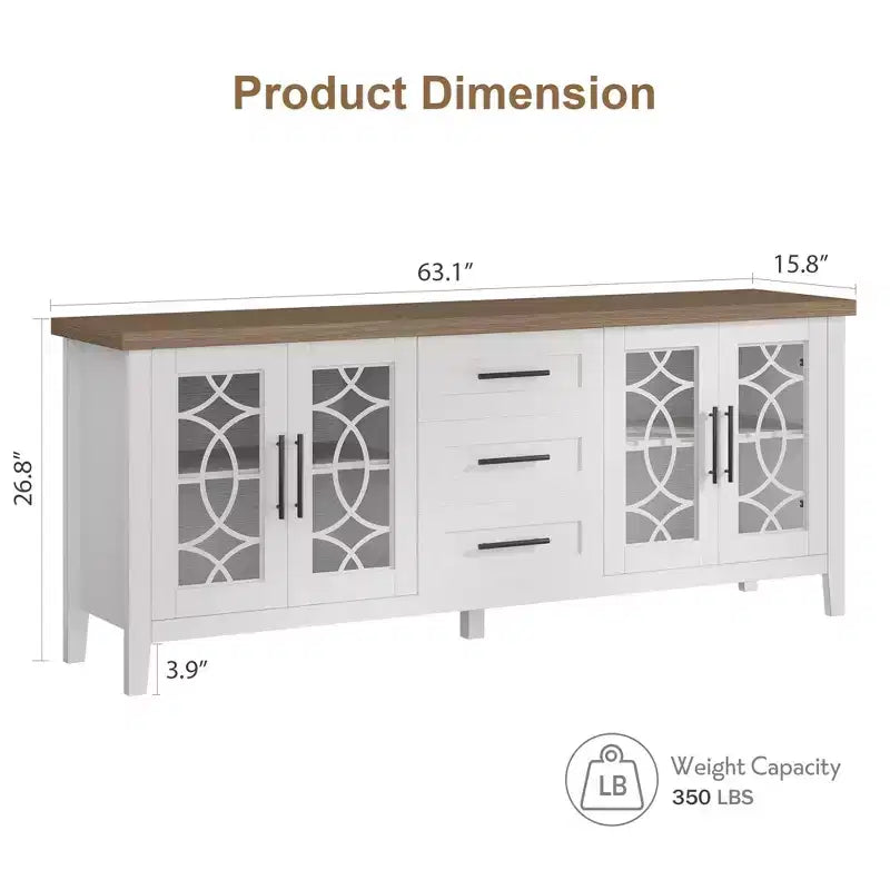 Meuble TV de ferme pour téléviseur 70 pouces, console média de style Mid-century avec 3 tiroirs et 2 portes, buffet de cuisine, meuble d'entrée, rangement polyvalent