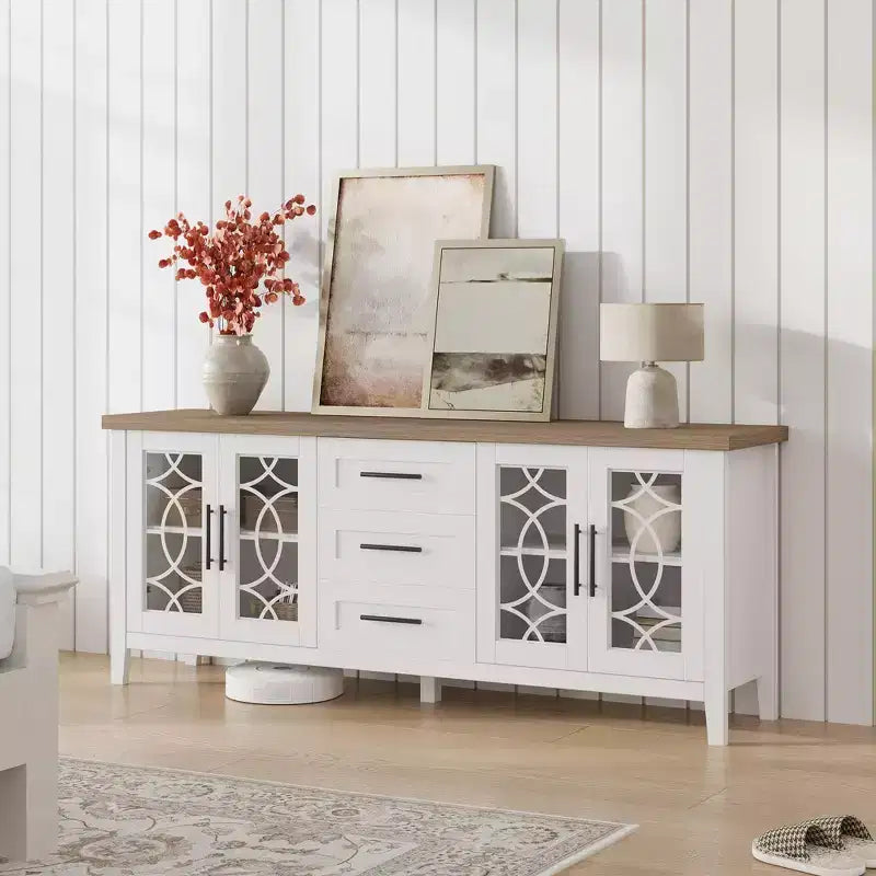 Meuble TV de ferme pour téléviseur 70 pouces, console média de style Mid-century avec 3 tiroirs et 2 portes, buffet de cuisine, meuble d'entrée, rangement polyvalent