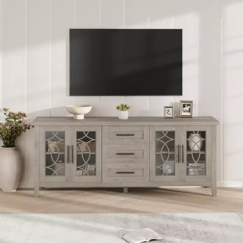 Meuble TV de ferme pour téléviseur 70 pouces, console média de style Mid-century avec 3 tiroirs et 2 portes, buffet de cuisine, meuble d'entrée, rangement polyvalent