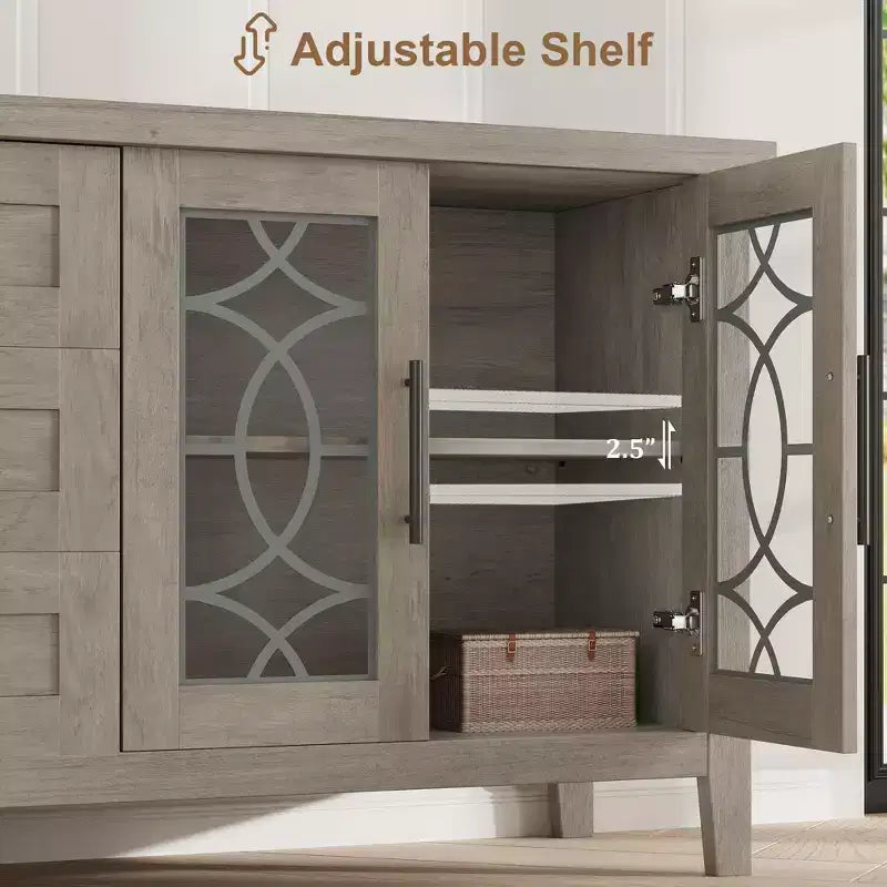 Meuble TV de ferme pour téléviseur 70 pouces, console média de style Mid-century avec 3 tiroirs et 2 portes, buffet de cuisine, meuble d'entrée, rangement polyvalent