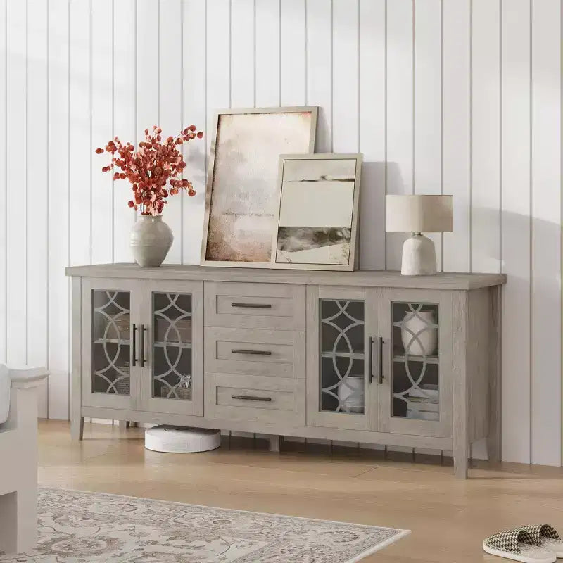 Farmhouse TV Stand for 70TV, MidCentury Media Console with 3 Drawers & 2 Doors, Kitchen Buffet Sideboard, Hallway Cabinet, Multipurpose Storage