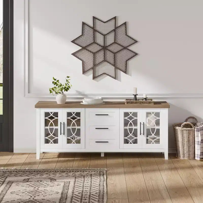 Farmhouse TV Stand for 70TV, MidCentury Media Console with 3 Drawers & 2 Doors, Kitchen Buffet Sideboard, Hallway Cabinet, Multipurpose Storage