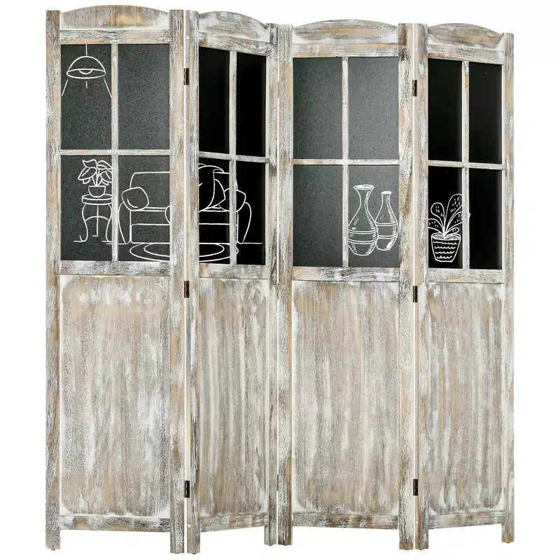 4 Panel Room Divider, 5.6' Tall Farmhouse Style Folding Indoor Portable Wood Privacy Screen with Black Boards