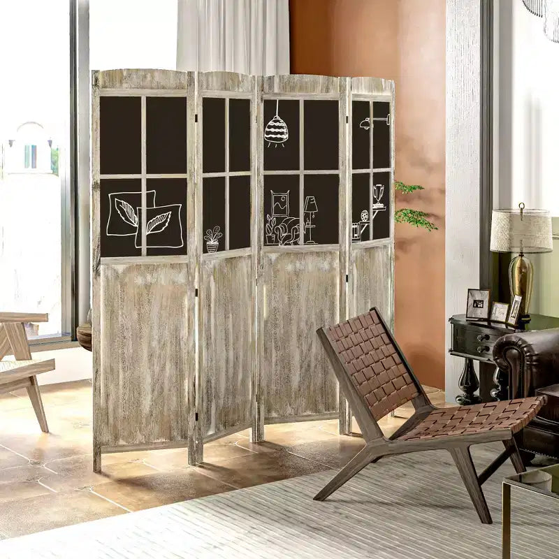 Paravent à 4 panneaux, séparateur de pièce de style ferme de 1,70 m de haut, pliable, portable, en bois, pour intérieur, avec panneaux noirs