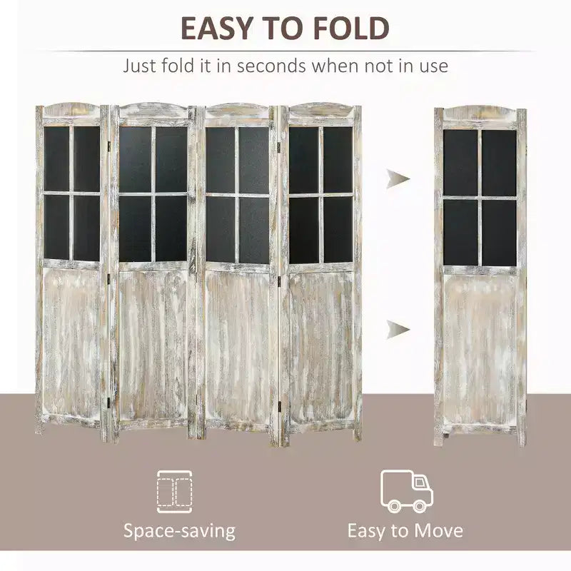 4 Panel Room Divider, 5.6' Tall Farmhouse Style Folding Indoor Portable Wood Privacy Screen with Black Boards