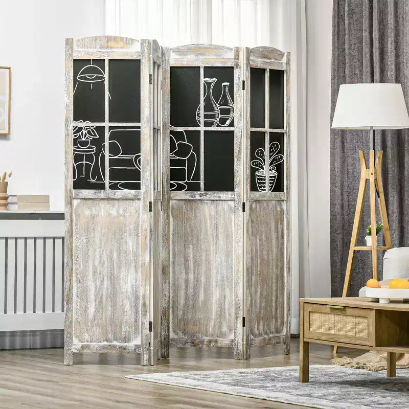 Paravent à 4 panneaux, séparateur de pièce de style ferme de 1,70 m de haut, pliable, portable, en bois, pour intérieur, avec panneaux noirs