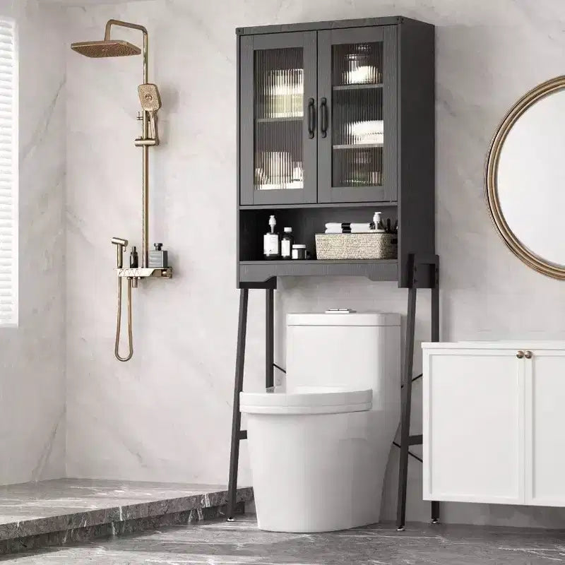 Over Toilet Storage Cabinet with Tempered Glass Doors Adjustable Shelf Bathroom Organizer Metal Stand Black Space Saver