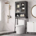 Over Toilet Storage Cabinet with Tempered Glass Doors Adjustable Shelf Bathroom Organizer Metal Stand Black Space Saver
