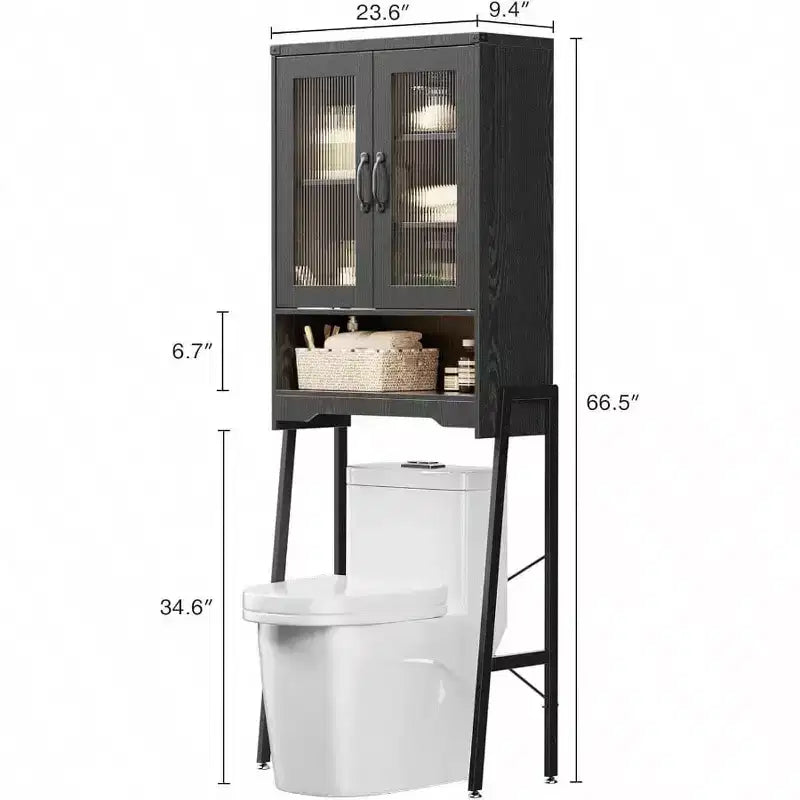 Meuble de rangement sur toilettes avec portes en verre trempé Étagère réglable Organisateur de salle de bain Support en métal Noir Gain de place