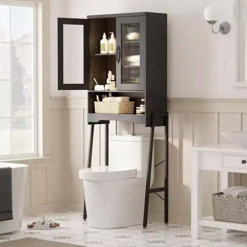 Meuble de rangement sur toilettes avec portes en verre trempé Étagère réglable Organisateur de salle de bain Support en métal Noir Gain de place