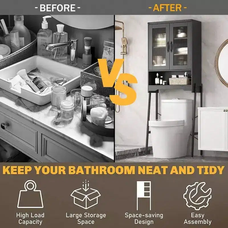 Over Toilet Storage Cabinet with Tempered Glass Doors Adjustable Shelf Bathroom Organizer Metal Stand Black Space Saver