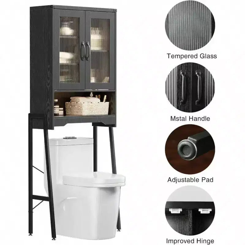 Over Toilet Storage Cabinet with Tempered Glass Doors Adjustable Shelf Bathroom Organizer Metal Stand Black Space Saver