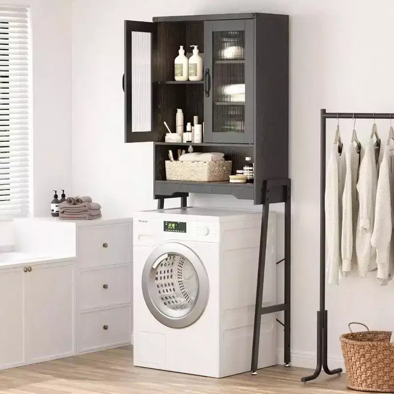Meuble de rangement sur toilettes avec portes en verre trempé Étagère réglable Organisateur de salle de bain Support en métal Noir Gain de place