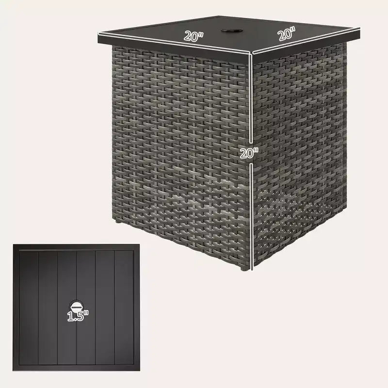 Table d'appoint en osier avec trou de parasol de 1,5 po, table d'appoint carrée d'extérieur avec cadre résistant aux UV, espace de rangement