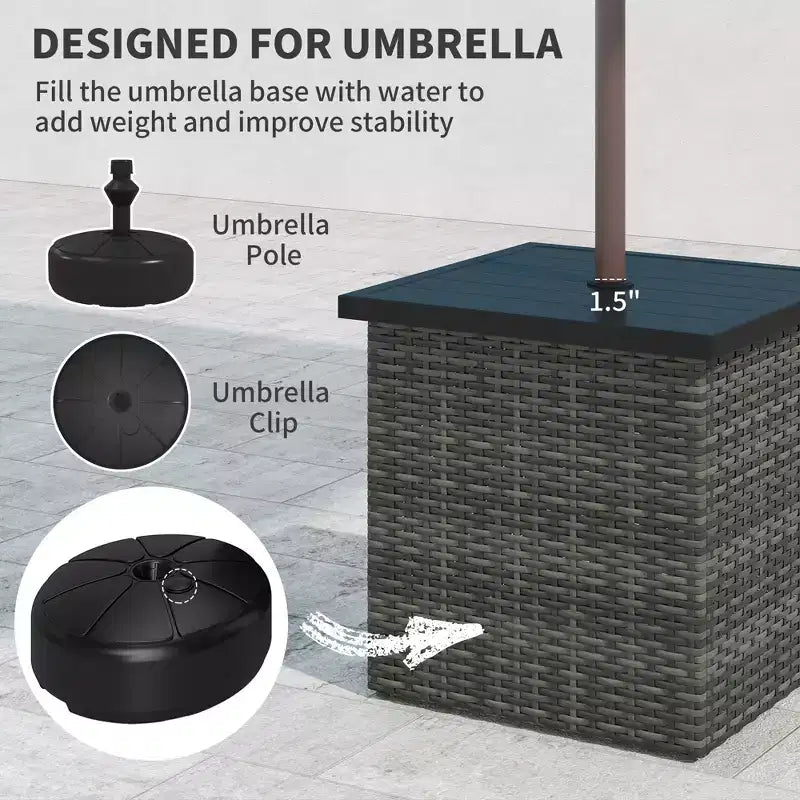 Table d'appoint en osier avec trou de parasol de 1,5 po, table d'appoint carrée d'extérieur avec cadre résistant aux UV, espace de rangement