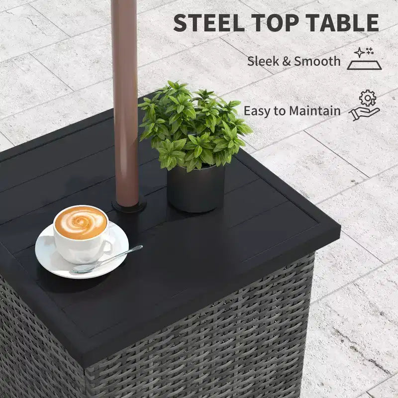 Table d'appoint en osier avec trou de parasol de 1,5 po, table d'appoint carrée d'extérieur avec cadre résistant aux UV, espace de rangement