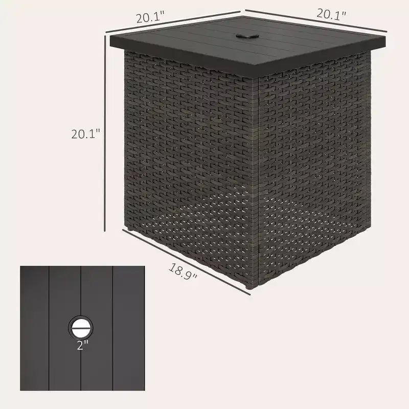 Table d'appoint en osier avec trou de parasol de 1,5 po, table d'appoint carrée d'extérieur avec cadre résistant aux UV, espace de rangement