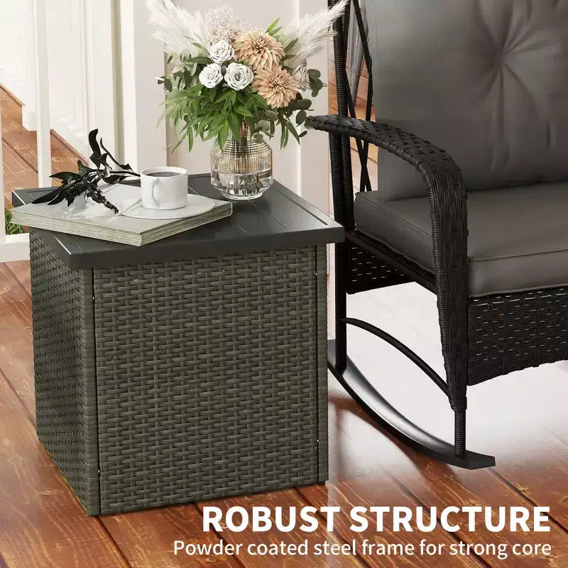 Table d'appoint en osier avec trou de parasol de 1,5 po, table d'appoint carrée d'extérieur avec cadre résistant aux UV, espace de rangement