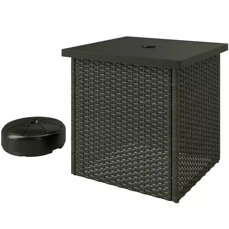 Wicker Side Table with 1.5 Umbrella Hole, Square Outdoor End Table with UV-Resistant Frame, Storage Space