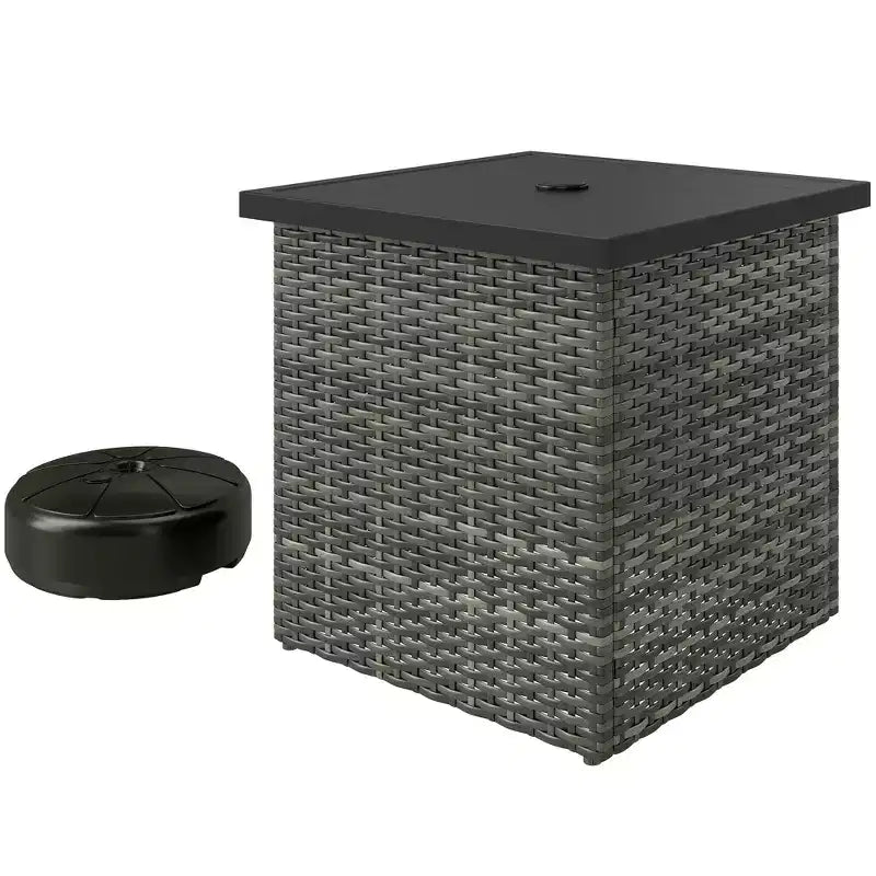 Table d'appoint en osier avec trou de parasol de 1,5 po, table d'appoint carrée d'extérieur avec cadre résistant aux UV, espace de rangement
