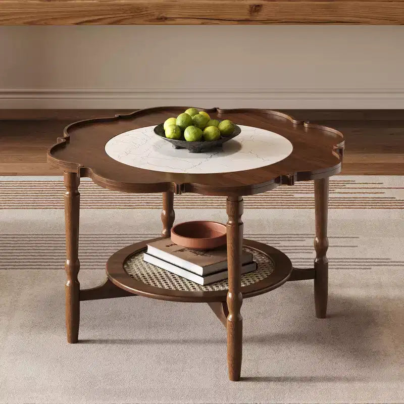 Vintage Rattan Coffee Table with Shelf, Retro Round Center Table with Storage for for Living Room, Walnut