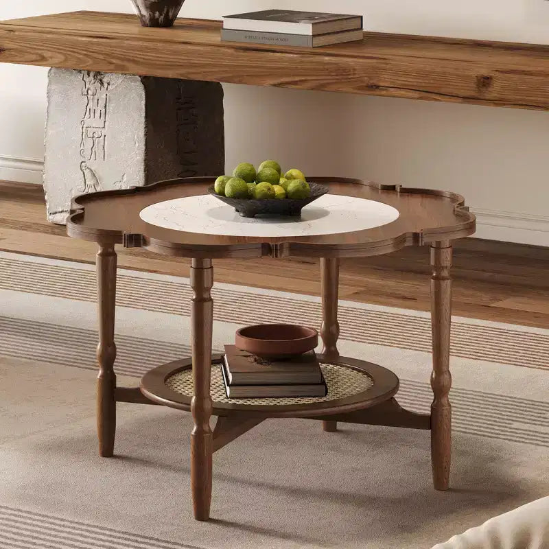 Vintage Rattan Coffee Table with Shelf, Retro Round Center Table with Storage for for Living Room, Walnut
