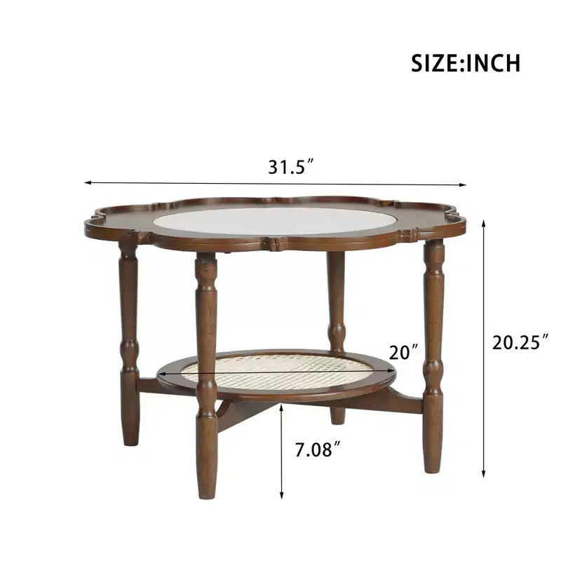 Vintage Rattan Coffee Table with Shelf, Retro Round Center Table with Storage for for Living Room, Walnut