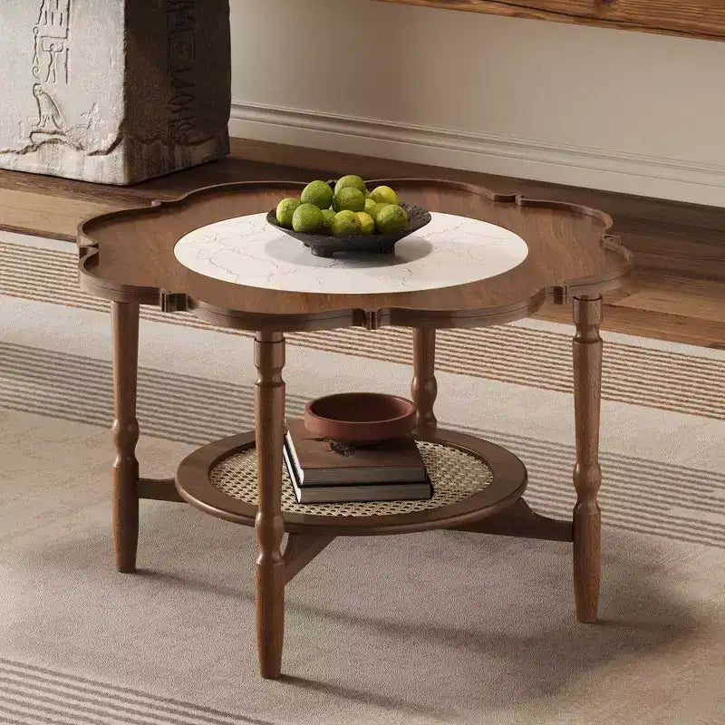 Vintage Rattan Coffee Table with Shelf, Retro Round Center Table with Storage for for Living Room, Walnut