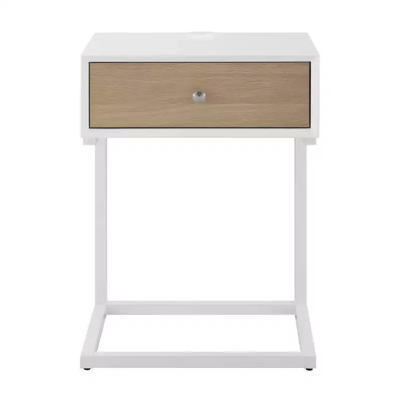 HomeRoots 25 White and Natural Wood and Steel End Table With Drawer And USB Port