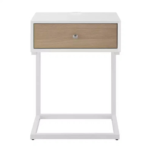 HomeRoots 25 White and Natural Wood and Steel End Table With Drawer And USB Port