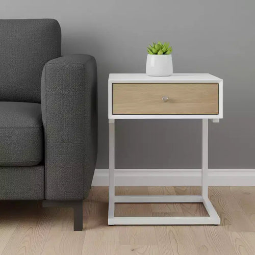 25 White and Natural Wood and Steel End Table With Drawer And USB Port