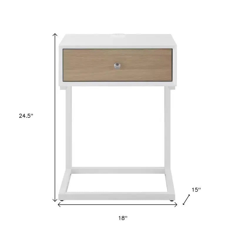 25 White and Natural Wood and Steel End Table With Drawer And USB Port