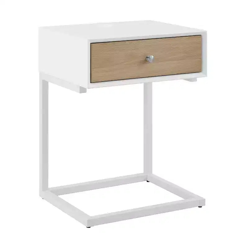 25 White and Natural Wood and Steel End Table With Drawer And USB Port