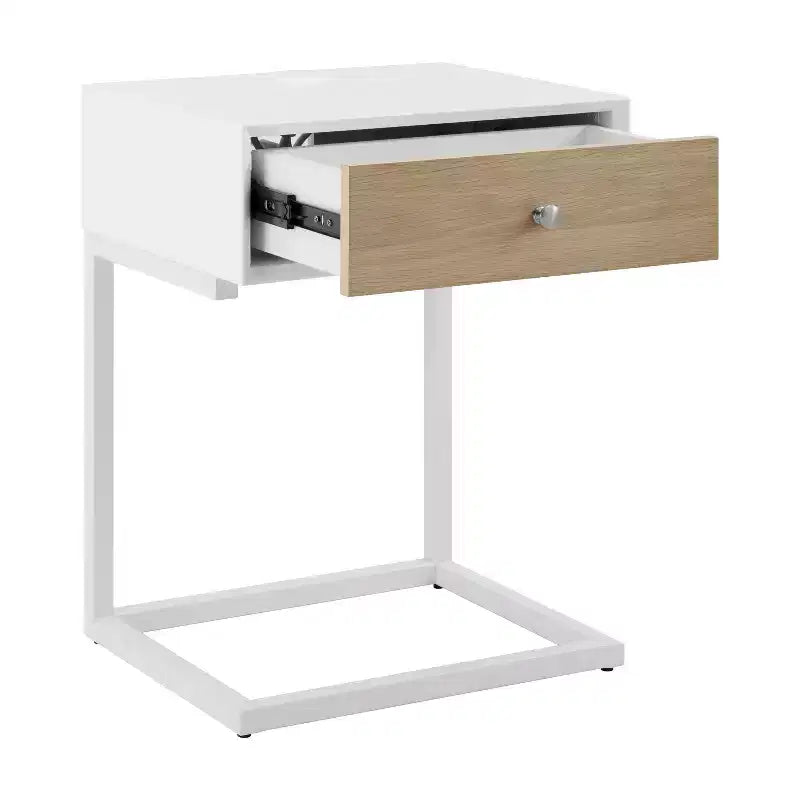 Table de chevet avec tiroir et port USB, en bois clair et acier, 25 po